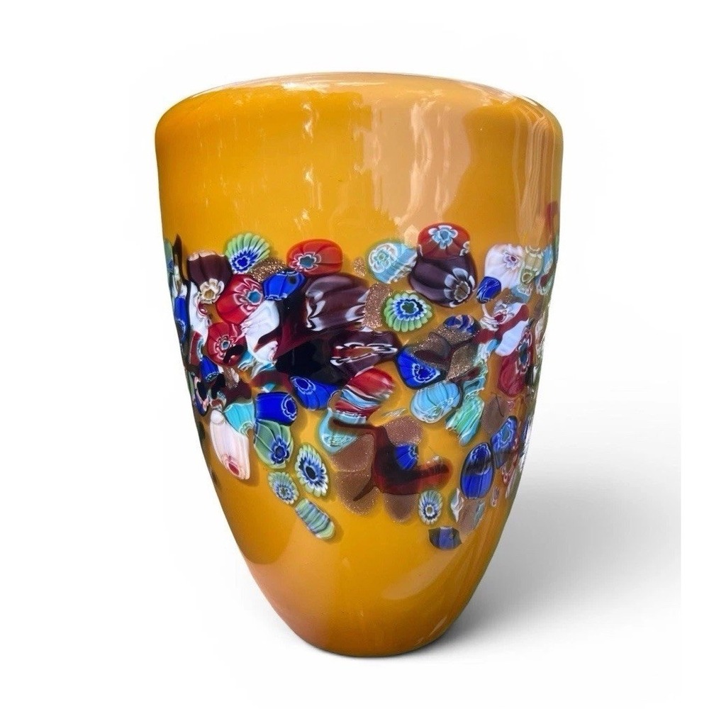Vtg Murano Style Amber Millefiori Art Glass‎ Vase Aventurine Hand Blown Heavy